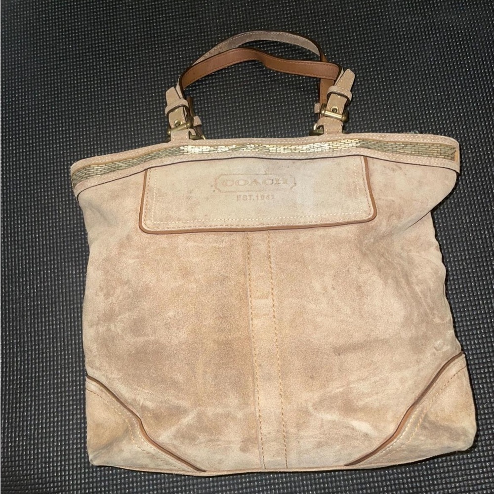 Coach Beige Suede Tote with Brown Accents